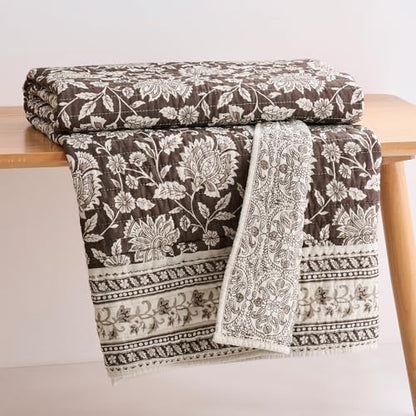 Levtex Home - Adare Cocoa Quilted Throw - (50x60in.) - Floral - Brown Taupe Cream - Reversible - Cotton - color: Cocoa