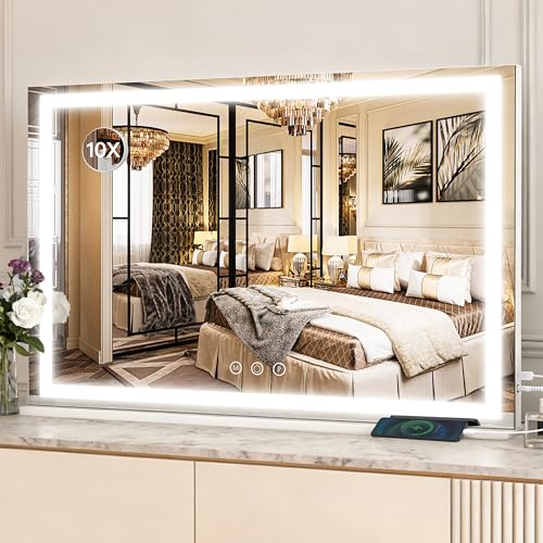 ROLOVE 39" x 28" Extra Large Vanity Mirror with Lights, Lighted Makeup Mirror with USB Charging Port & 10X Magnifier, 3 Color Dimmable Smart Touch, Wall Mounted or Tabletop Desk Mirror, White - color: White, size: 39"L x 28"W