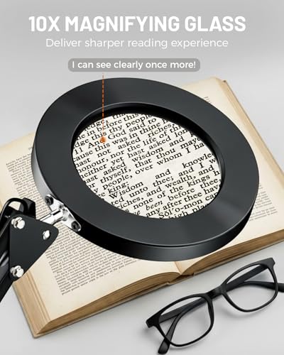 TANYO 10X Magnifying Glass with Light, 3 Color Mode, Hands Free | Real Glass Lens, Dimmable LED Light, C-Clamp, Flexible Desk Magnifier for Jewelry Sewing Crafts Embroidery Repair