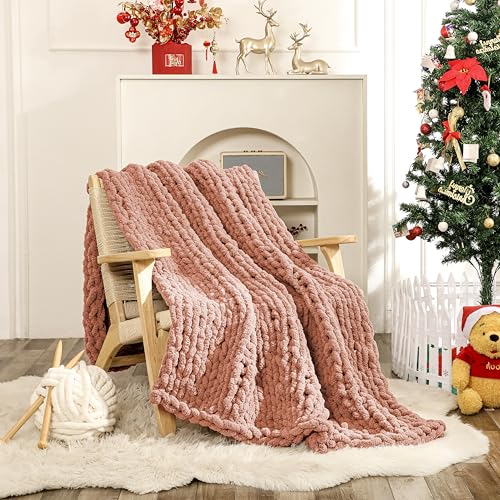 WESHIONGOO Chunky Knit Blanket Throw for Couch Bed 51"×63" Pink | 100% Handmade Knitted Throw blankets Fluffy Soft Blanket With Jumbo Chenille Yarn Thick - color: Pink, size: 51"x63"(Large Size Throw)