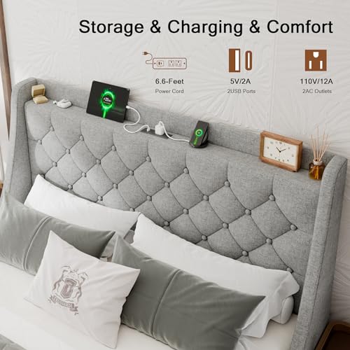 Einhomn Queen Bed Frame with 4 Storage Drawers, Upholstered Bed Frame with Large Wingback Headboard, Charging Station, No Box Spring Needed, Light Grey - color: Light Gray, size: Queen