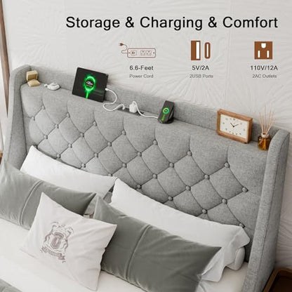 Einhomn Queen Bed Frame with 4 Storage Drawers, Upholstered Bed Frame with Large Wingback Headboard, Charging Station, No Box Spring Needed, Light Grey - color: Light Gray, size: Queen