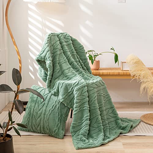 YUSOKI Sherpa Fleece Large Throw Blanket, Sage Green, 50"x65" | 3D Stylish Design,320GSM, Non-Shedding, Lightweight for All Season Use, stays fluffy after repeated washes, Perfect Gifts - color: Sage Green-(without Pillows), size: Throw (50" x 65")