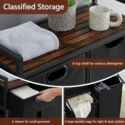 Zevemomo Large Rustic Brown & Black Laundry Basket with Wheels, 3 Compartments, 60L Capacity, Floor Mount, Laundry Room & Bathroom