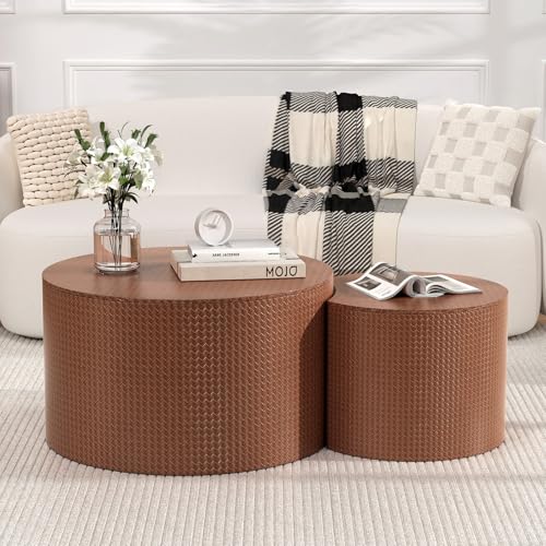 Nesting Coffee Table Set of 2, Round, Brown | Hidden Storage, Leather Wrapped, Stackable End Tables, No Assembly Required, For Small Space Living Room Apartment - color: Brown