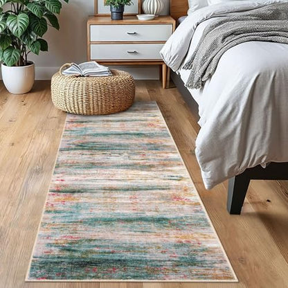KOZYFLY Modern Abstract Kitchen Runner Rug, 2x6 Washable Rug Runner Non-Slip Soft Hallway Runner Rugs, Green Print Carpet Runner for Entryway Bathroom Laundry Room Foyer - color: Green/Turquoise, size: 2' x 6' (Runner)