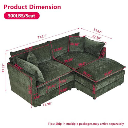 Aoowow Modular Sectional Sofa Modern Convertible Loveseat Couch,77.16 Inch Deep 2-Seater Sofas Comfy Chenille Cloud Sofas and Couches Set with Movable Ottoman for Living Room Apartment（Green） - color: Green-new, size: 2 Seat + Ottoman
