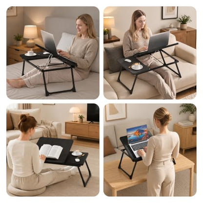 Laptop Bed Desk, 5-Angle Adjustable Bed Laptop Table with Cup Holder | Foldable Laptop Stand for Couch & Sofa, Portable Laptop Tray for Adults Writing Reading Eating, Black - color: Black