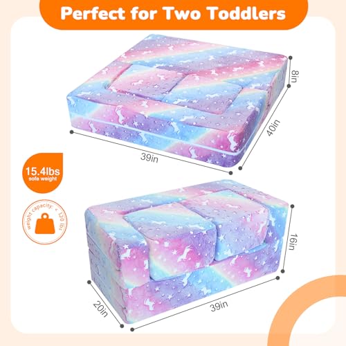 MeMoreCool Glow in Dark Rainbow Kids Couch, Modular Fold Out Play Sofa | Rainbow glow in dark kids couch folds out to bed, fort or chair, machine washable velour - color: Rainbow