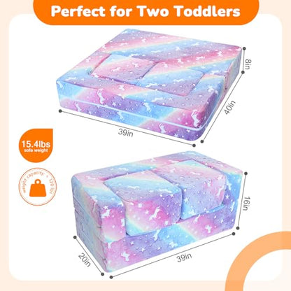 MeMoreCool Glow in Dark Rainbow Kids Couch, Modular Fold Out Play Sofa | Rainbow glow in dark kids couch folds out to bed, fort or chair, machine washable velour - color: Rainbow