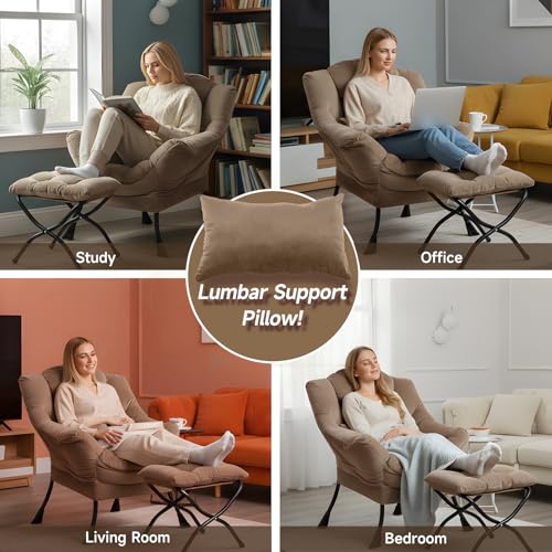 Lazy Chair with Ottoman, Velvet Reading Chair with Pillow，Black | Comfy Accent Lounge Chair with Pillow & folding Foot Stool, sturdy metal frame for bedroom, dorm or apartment, Living Room - color: Pure Khaki