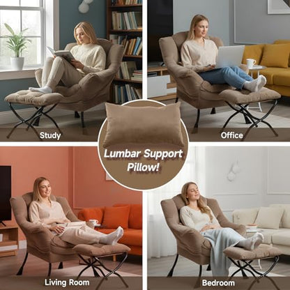 Lazy Chair with Ottoman, Velvet Reading Chair with Pillow，Black | Comfy Accent Lounge Chair with Pillow & folding Foot Stool, sturdy metal frame for bedroom, dorm or apartment, Living Room - color: Pure Khaki