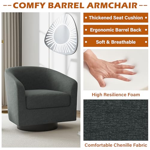 Swivel Accent Chair, Chenille Barrel Club Chair, Gray | Modern Round Armchair | Comfy Upholstered Reading Seat with Removable Cushion | For Living Room, Bedroom, Office - color: Dark Gray