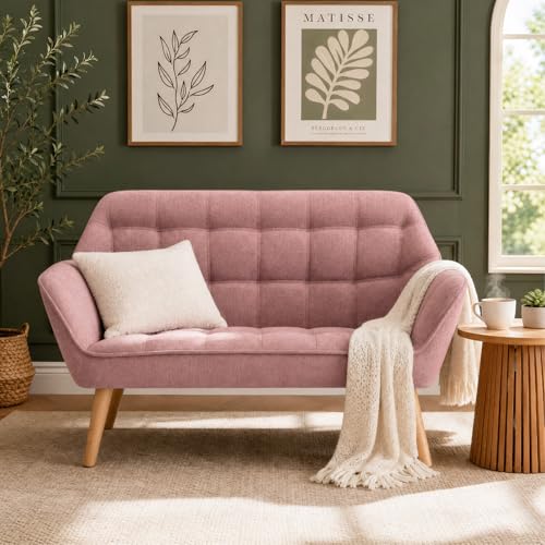 48”Small Loveseat Sofa, Modern Linen Upholstered Mini Couch 2-Seater Fluffy Love Seat with Quilting Backs and Wood Legs for Small Space Living Room, Bedroom, Pink - color: Pink, size: Loveseat