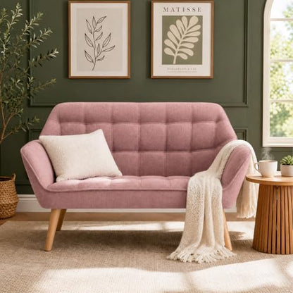 48”Small Loveseat Sofa, Modern Linen Upholstered Mini Couch 2-Seater Fluffy Love Seat with Quilting Backs and Wood Legs for Small Space Living Room, Bedroom, Pink - color: Pink, size: Loveseat