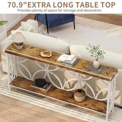 70.9 inch Extra Long Sofa Table, Industrial Console Table Behind Couch | With 2 Tier Storage Shelf, Entryway Table for Entryway, Living Room, Foyer, Hallway, Unique Design, White - color: White