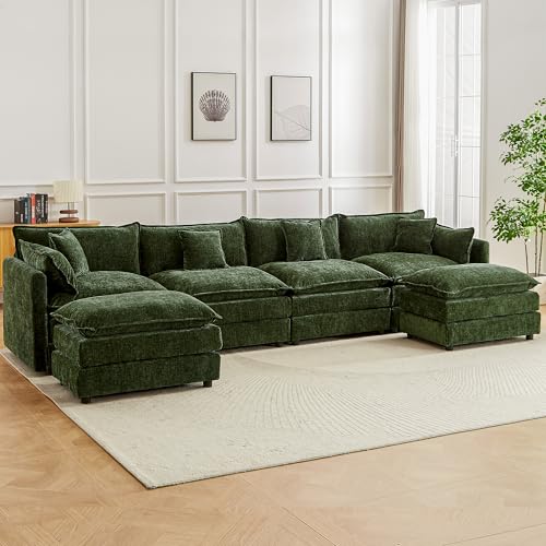 Modular Sectional Sofa, 147.2 Inch U Shaped Couch Set with Armrests, 4-Seater Comfy Cloud Couches with Movable Ottoman for Living Room Apartment, Green - color: Green, size: 147.2'' - U Shape