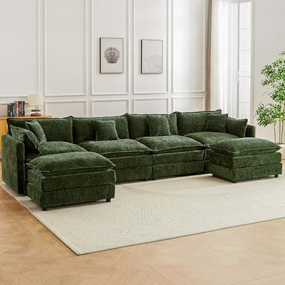 Modular Sectional Sofa, 147.2 Inch U Shaped Couch Set with Armrests, 4-Seater Comfy Cloud Couches with Movable Ottoman for Living Room Apartment, Green - color: Green, size: 147.2'' - U Shape