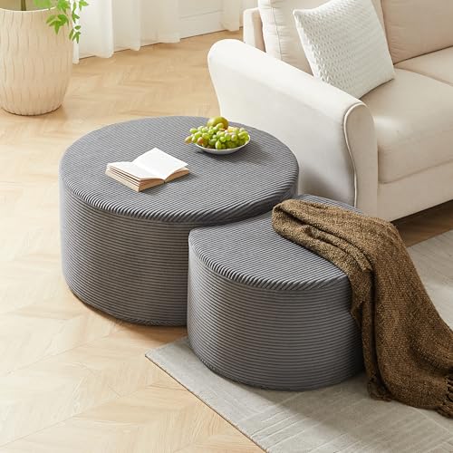 49.7'' Foam Round Nesting Coffee Table Set of 2, Modern Upholstered Side End Table Ottoman Footrest, No Assembly, Gray - color: 49.7''-gray