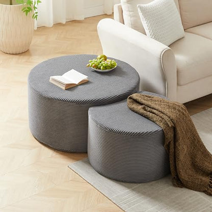 49.7'' Foam Round Nesting Coffee Table Set of 2, Modern Upholstered Side End Table Ottoman Footrest, No Assembly, Gray - color: 49.7''-gray