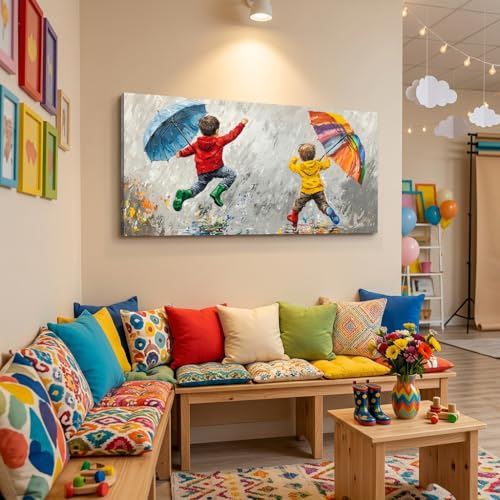 ZESTRILIA Joyful Kids Playing in Rain Canvas Wall Art, Rainbow Umbrella Children Oil Painting Print, Modern Colorful Impressionist Art for Nursery Bedroom Playroom Living Room (40x20 Inch) - color: Blue Children Umbrellas