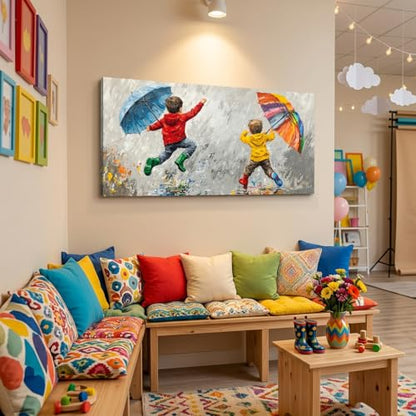 ZESTRILIA Joyful Kids Playing in Rain Canvas Wall Art, Rainbow Umbrella Children Oil Painting Print, Modern Colorful Impressionist Art for Nursery Bedroom Playroom Living Room (40x20 Inch) - color: Blue Children Umbrellas