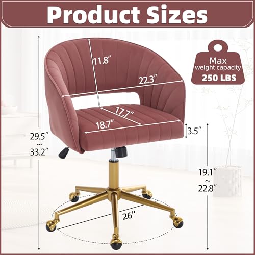 Desk Chair with Wheels, Gold Base, Velvet Accent Vanity Armchair, Rose Red | Spacious‌ Soft Seat, Swivel Height Adjustable, Rocking Function, Modern Stripe for Girls &Women Bedroom Makeup or Nail - color: Rose Red Velvet