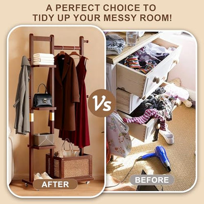 Solid Wood Clothes Rack with Wheels, Rolling Clothing Rack with 4 Shelves & 4 Hooks, Oak Coat Rack Freestanding Heavy Duty with Storage Basket, Coat Hanger Stand for Garment Bags Wallets Hats Shoes - color: Walnut
