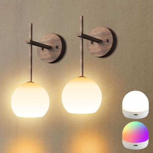 Walnut Grain Battery Operated Wall Sconces Set of 2, Rechargeable Wireless Wall Lights with Milky White Frosted Glass, 12 RGB and 3CCT Dimmable, Wall Lamps with Remote for Bedroom Living Room Hallway - color: Walnut Grain