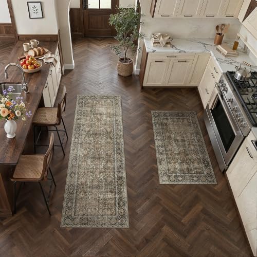 Brown Kitchen Rug Set 2 Piece 2x3+2x6 Vintage Distressed | Washable, Non Slip, Low Pile, Floor Mats for Entryway, Kitchen, Bathroom, Laundry Room, Farmhouse Decor - color: Accent Brown, size: 2'x3'+2'x6'