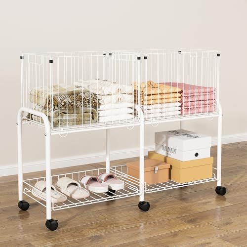 Rolling Laundry Cart with Wheels,76L Laundry Hamper Sorter Trolley with Extra Shelf,2 Removeable Collapsible Wire Storage Basket