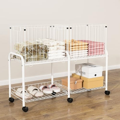 Rolling Laundry Cart with Wheels,76L Laundry Hamper Sorter Trolley with Extra Shelf,2 Removeable Collapsible Wire Storage Basket