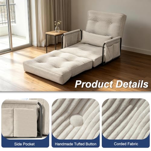 Futon Sofa Bed,Convertible Sofa Bed,Folding Boneless Couches | 3-in-1 Folding Sofa Bed,Boneless Couches for Living Room with Pillow & Side Pocket,High-density Foam,Single Sleeper,Beige - color: Beige, size: Single