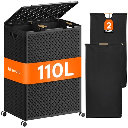 Lifewit 110L Plastic Double Laundry Basket with Lid, Collapsible 2 Section Clothes Hamper with Wheels and Removable Bags, Large Rolling 2 Compartment Bin for Laundry Room Bedroom Bathroom, Black