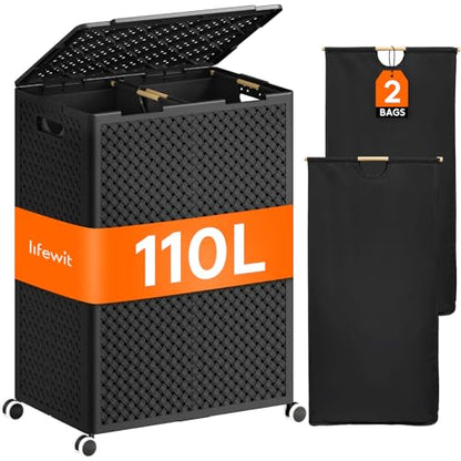 Lifewit 110L Plastic Double Laundry Basket with Lid, Collapsible 2 Section Clothes Hamper with Wheels and Removable Bags, Large Rolling 2 Compartment Bin for Laundry Room Bedroom Bathroom, Black