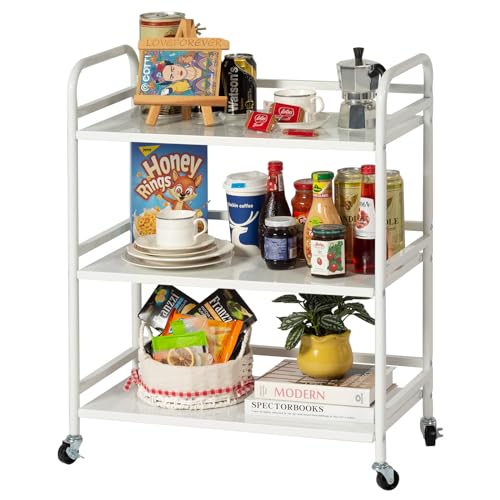 HDANI 3 Tier Metal Utility Multipurpose Rolling Cart,Large Capacity Heavy Duty Rolling Cart with 2 Lockable Wheels for Home,Office,Kitchen,Bathroom,Bedroom,White - color: White, size: Large Solid