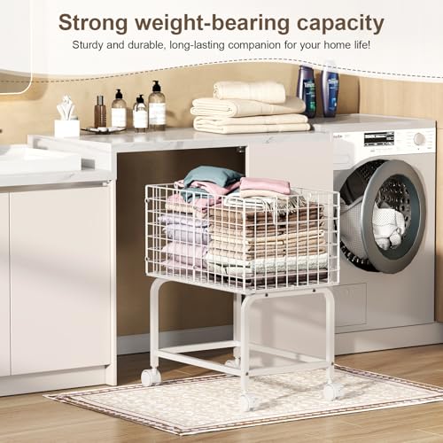 Laundry Basket with Wheels,80L Wire Rolling Laundry Basket with Pull Handle,White High Laundry Cart for Laundry Room,Bathroom,Bedroom-White(23.6 * 15.75 * 28inch) - style: Medium Oblong-White