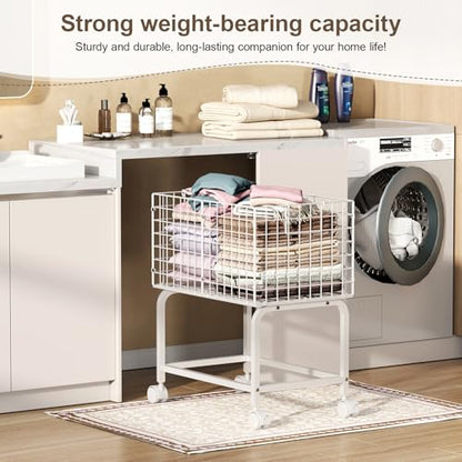 Laundry Basket with Wheels,80L Wire Rolling Laundry Basket with Pull Handle,White High Laundry Cart for Laundry Room,Bathroom,Bedroom-White(23.6 * 15.75 * 28inch) - style: Medium Oblong-White