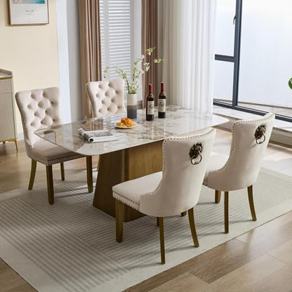 KEIKI Mid-Century Upholstered Velvet Dining Chair, Tufted Accent Seat | with Golden Solid Wood Legs for Dining Room Kitchen Room, Beige - color: Beige