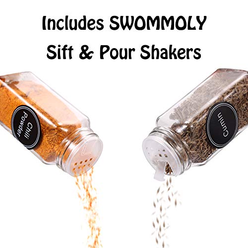 SWOMMOLY Spice Rack Organizer with 72 Spice Jars 4 oz, 396 Spice Labels | Chalk Marker, Funnel Set, Spice Organizer for Countertop, Pantry, Cabinet, Cupboard & Wall Mount, 22.2" W × 16.5" H, Black
