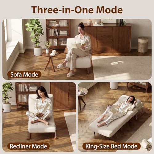 SUIYIMU Folding Chair Bed, 3-in-1 Convertible Sleeper Chair Bed, Futon Chair with 6-Level Adjustable Backrest for Guest Room Apartment Dorm, Cream Beige-Walnut - color: Walnut and Beige Color