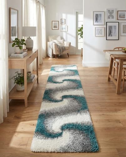 Rugs.com - Soft Touch Shag Rug – 13 Ft Runner Turquoise Shag Runner Rug – Plush Abstract Design for Hallways and Entryways - color: Turquoise, size: 2'7" x 13' (Runner)