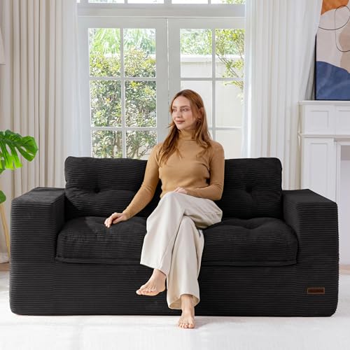 MAXYOYO 63" Boneless Sofa Couch, 2-Seater Cloud Couch Floor Loveseat for Small Space with Pillows, Tufted Floor Sofa with Layered Cushion for Apartment & Lounge, No Assembly Required, Black - color: Puffinest Style Black, size: 63" Loveseat
