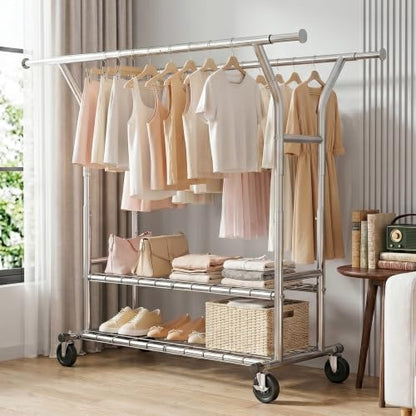 Raybee Heavy Duty Clothes Rack 630 LBS Capacity Double Rods Shelves Storage | 360°Lockable Wheels, Snap-on Design, Tool-free Assembly, Extendable Rods, Adjustable Height, Bedroom Wardrobe Closet Organize - color: Chrome