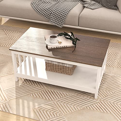 ChooChoo Farmhouse Coffee Table, White Living Room Table with Shelf, 40 Inch - color: White, size: 22"D x 39.9"W x 18.1"H