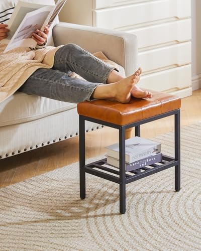IBUYKE Rectangular Makeup Stool, PU Seat Vanity Chair, Light Brown WBD017J | Adjustable Feet Storage Space Footrest Multi-Use Small Side Table Ottoman Bedroom - color: Light Brown, size: Rectangular