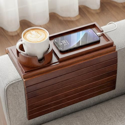 Bamboo Sofa Armrest Tray, Foldable Couch Arm Tray Side Table, 2 in 1 Anti-Falling Armrest Tables Cup Holder for Snacks, Drinks, Beers, Phone, Control, Flexible and Portable, Anti-Slip, (Brown) - color: Brown