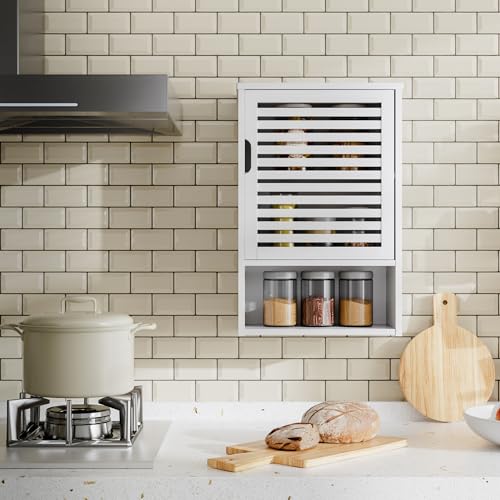 HITNET Bathroom Cabinet Over Toilet, White Medicine Cabinet, Hanging Cupboard with Single Door and Open Bottom Shelf, Wall Mounted Bamboo Storage Organizer - color: White