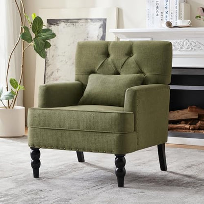 HUIMO Accent Chair, Tufted Upholstered Club Chair, Olive Green | Tufted upholstered club chair with lumbar pillow and solid wood legs. Suitable for living rooms, bedrooms, and reading nooks. - color: Green