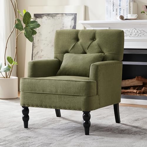 HUIMO Accent Chair, Tufted Upholstered Club Chair, Olive Green | Tufted upholstered club chair with lumbar pillow and solid wood legs. Suitable for living rooms, bedrooms, and reading nooks. - color: Green